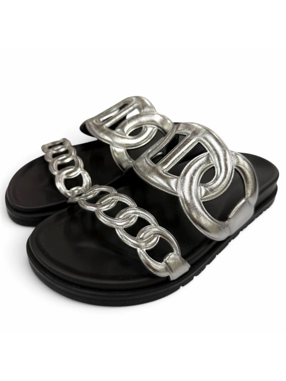 Hermes Extra Leather Chaine D'ancre Sandals Silver Black